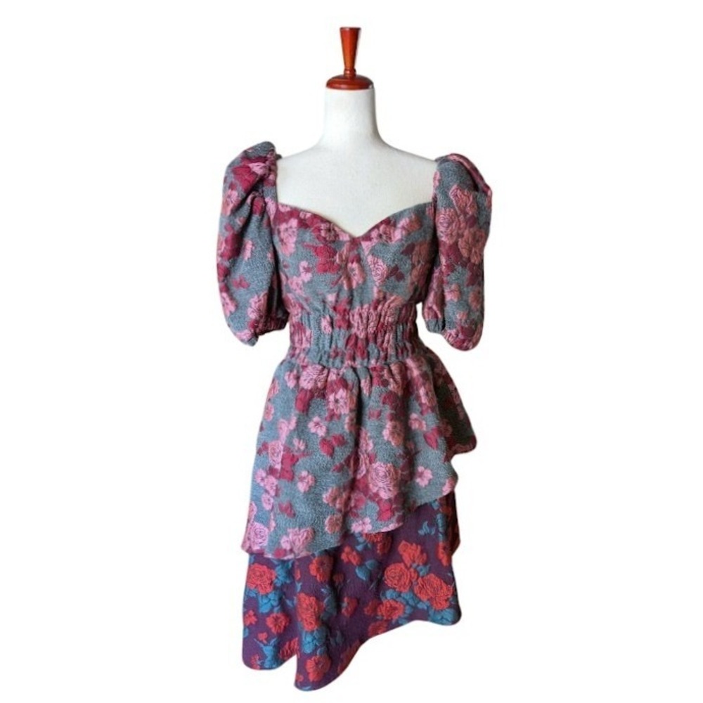 Autumn Adeigbo Felisha Floral Brocade Puff Sleeve Tiered Peplum Pink Dress SZ 8